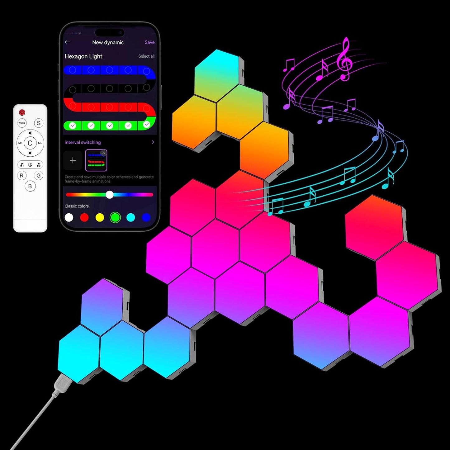 OJQ 20 Pack Hexagon Lights Wall RGB Panel - Hexagonal Led Lights Room Decor Wall Lights Smart APP Music with Sync Honeycomb Shape Panels Hexagon Gaming Lights for Bedroom Children
