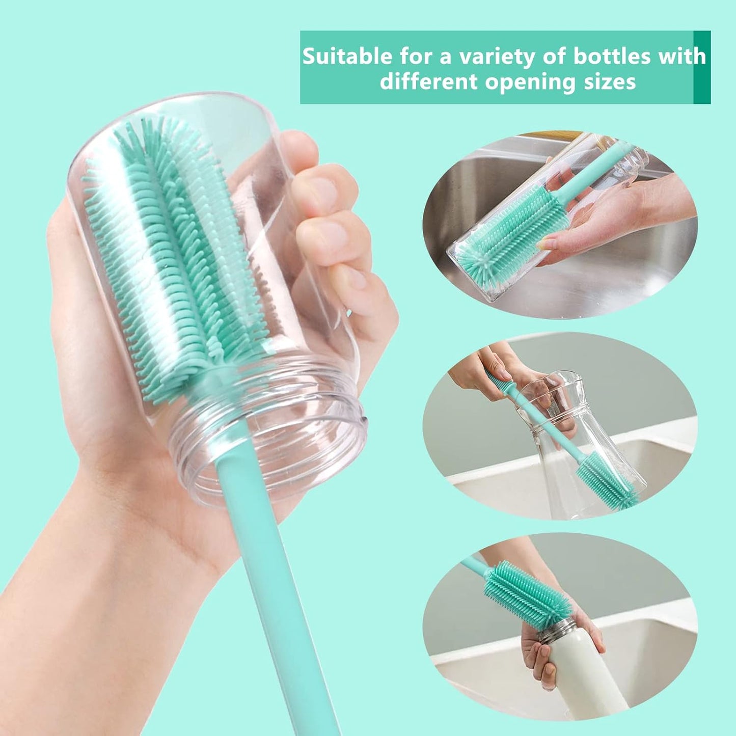 Silicone Bottle Cleaning Brush | 2 Pack| 15.7”+12.6” Water Bottle Brush Cleaner Brush for Hydro Flask,Glassware,Vacuum Sports Bottle&Vases,Water Bottle Cleaner Brush for Narrow Neck Containers