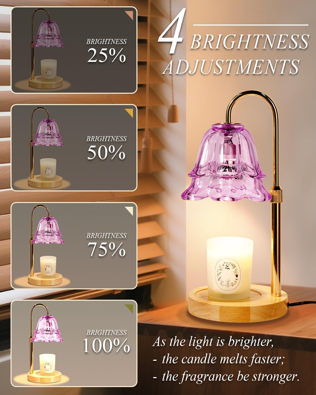 Purple Candle Warmer Lamp with Timer Dimmable, Flower Candle Warming lamp Height Adjustable, Wax Melt Warmer Candle lamp for Jar Scented Candles, Christmas Birthday House Warming Gifts for Women Mom