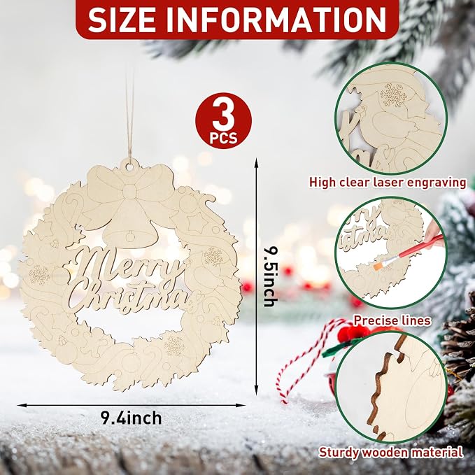 Paintable Christmas Ornaments 3 Sets, Wooden Ornaments to Paint, Unfinished
