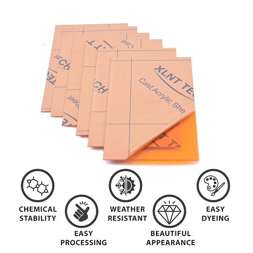 6 PCS Orange Transparent Cast Acrylic Sheets 8" x 12" x 0.118", Plexiglass
