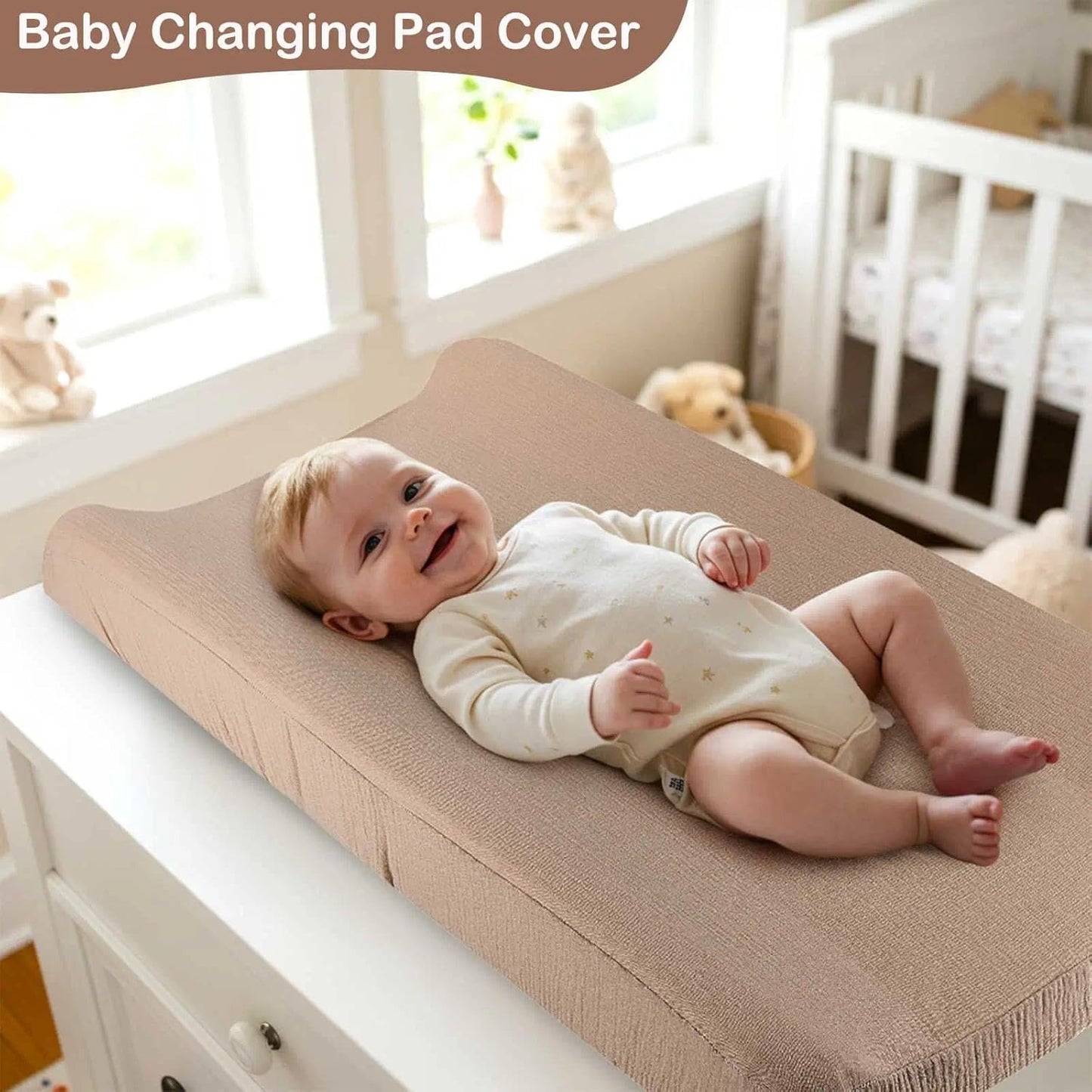 Basumee Muslin Changing Pad Cover Waterproof 2 Pack Baby Changing Table Covers for Boys and Girls Soft Breathable Nursery Diaper Change Table Cover Pad Fits 32"x16", Lvory and Brown