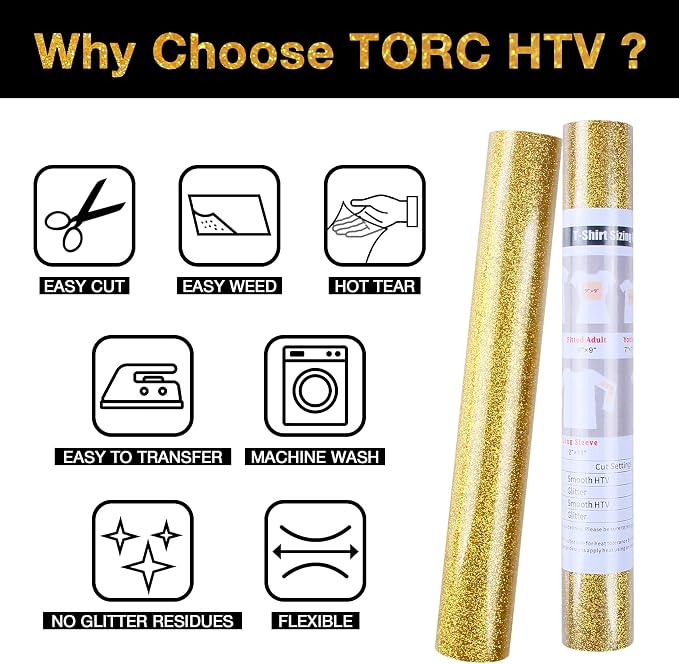 TORC Gold Glitter HTV Heat Transfer Vinyl 2 Rolls Iron on Vinyl