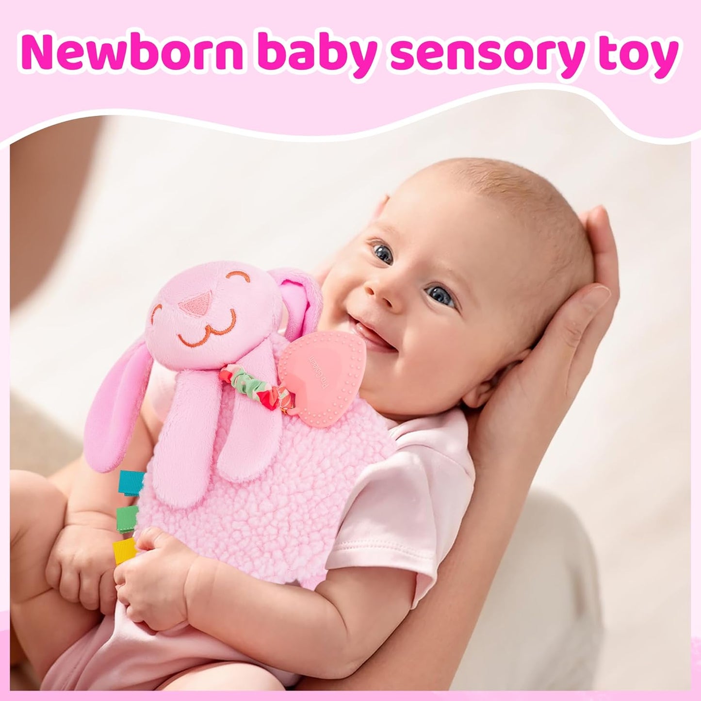 Pro Goleem Bunny Loveys for Babies Girl and Boy, Baby Lovey with Teether, Baby Toys 0 3 6 9 12 Months, Safety Teething Toys for Babies Infant Newborn and Toddler Gifts
