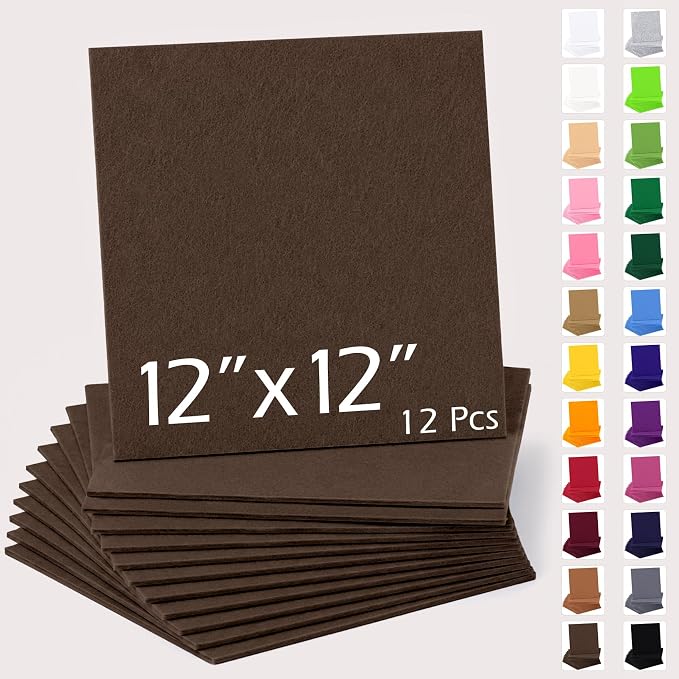12" x 12" Felt Sheets for Crafts, 2mm Stiff Felt Fabric, Polyester Felt Squares