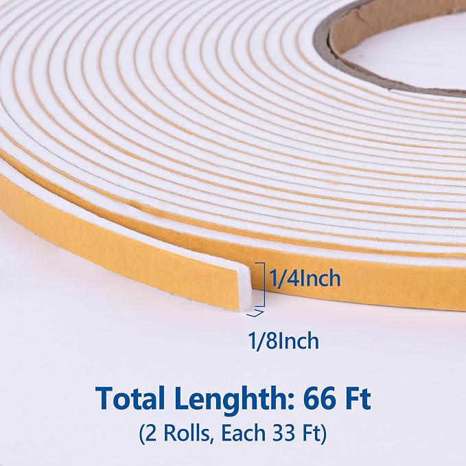 Kikerike Self Adhesive Foam Tape Weatherstrip 1/4in x 1/8in x 66Ft High Density
