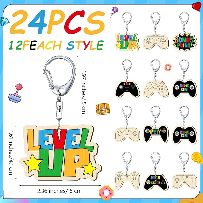 RattanView 24 Pcs Video Game Craft Color Your Own Keychains DIY Craft Wooden