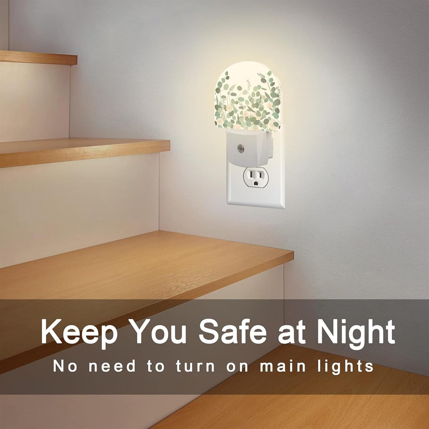 Green Eucalyptus and Rose Flowers Night Light for Kids,Watercolor Botanical Floral Leaves Night Light Plug in with Dusk to Dawn Sensor,0.5w Energy Saving S Nightlight for Boys Girls Home Decor