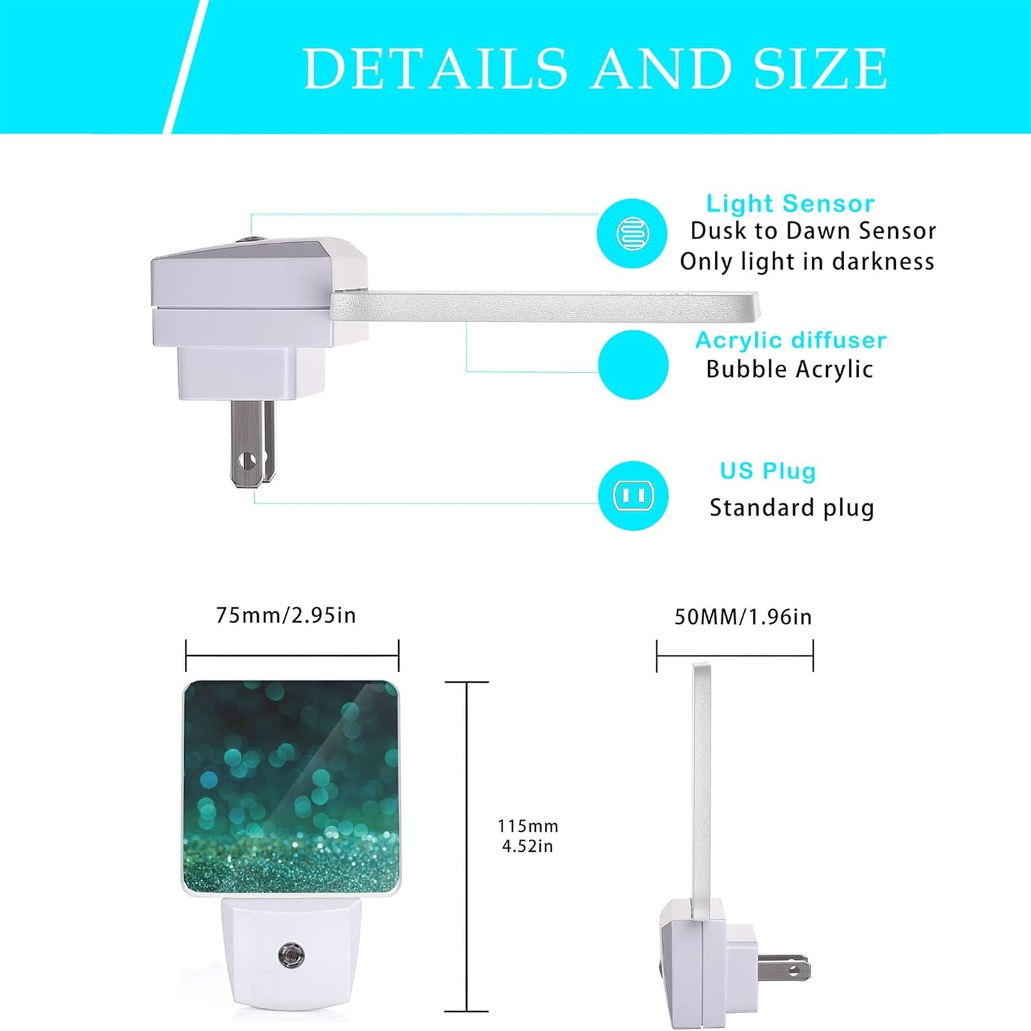 Green Glitter Night Light,Plug in Night Lights 0.5W Sleep Friendly for Boys Girls Led Night Light Dusk to Dawn Sensor Nightlight for Stairway/Hallway/Kitchen