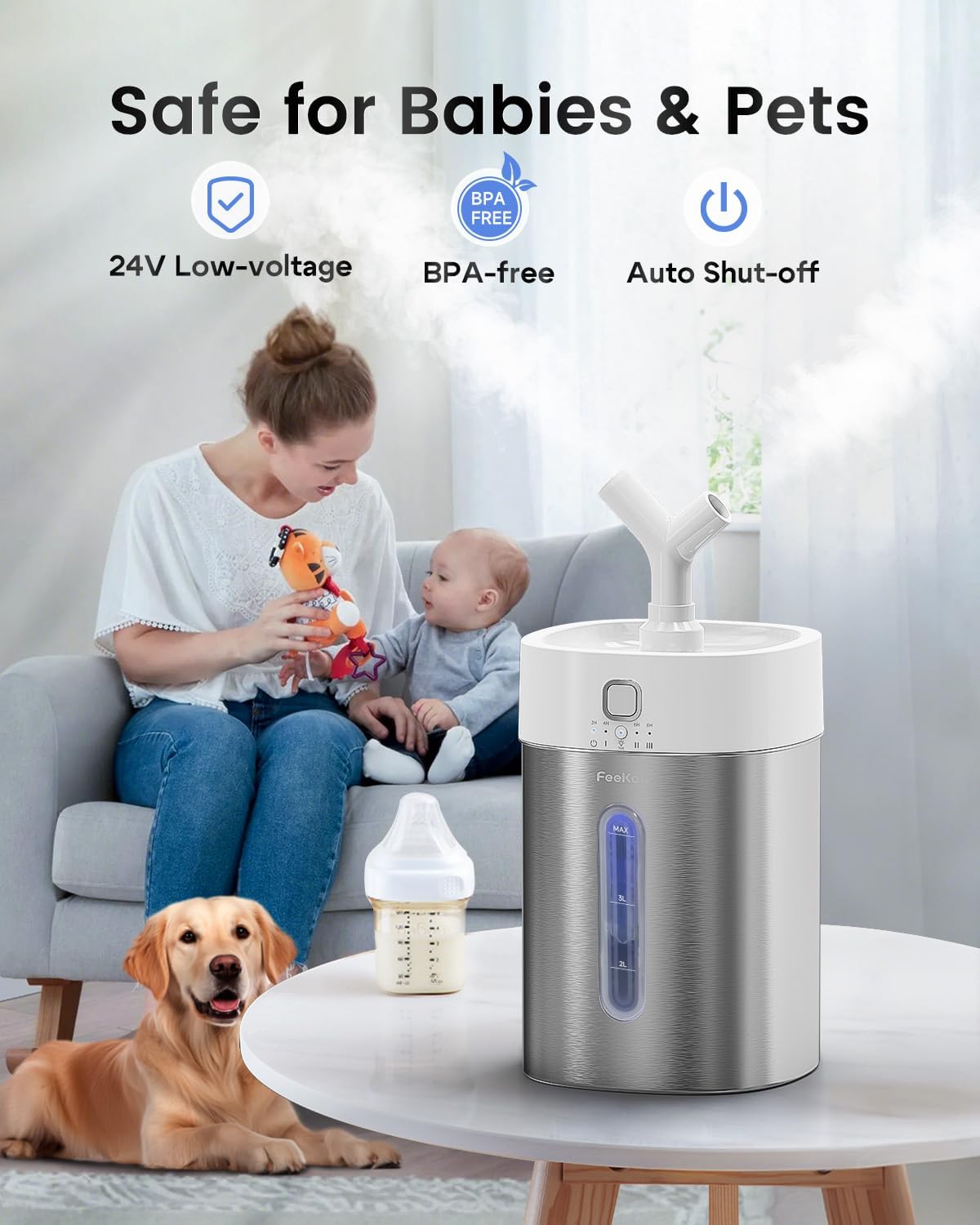 Feekaa Stainless Steel Humidifier, 4L/1Gal Cool Mist Humidifiers for Bedroom up to 500 sq ft, Easy Clean Dishwasher Safe Humidifier Large Room, Humidifiers for Bedroom Nursery Baby Living Room Office