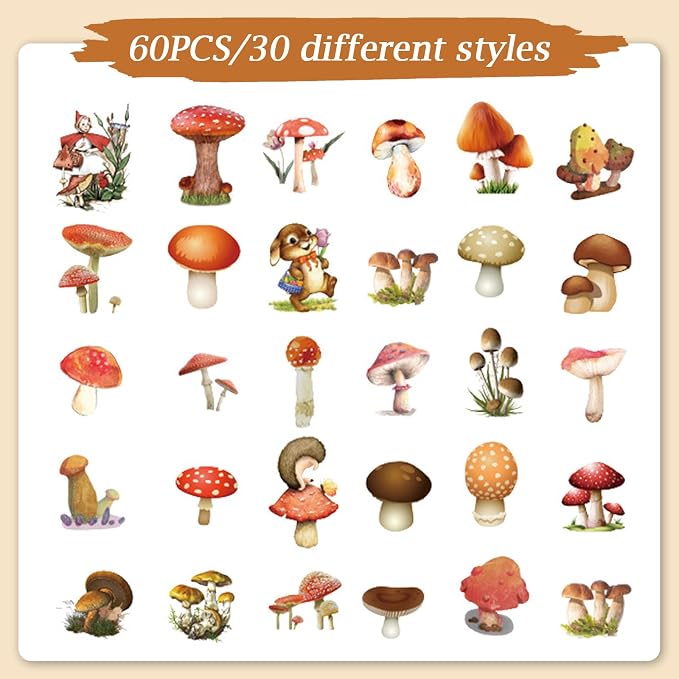 Imeepa 60Pcs Mushroom Stickers Transparent Scrapbooking Stickers | Waterproof