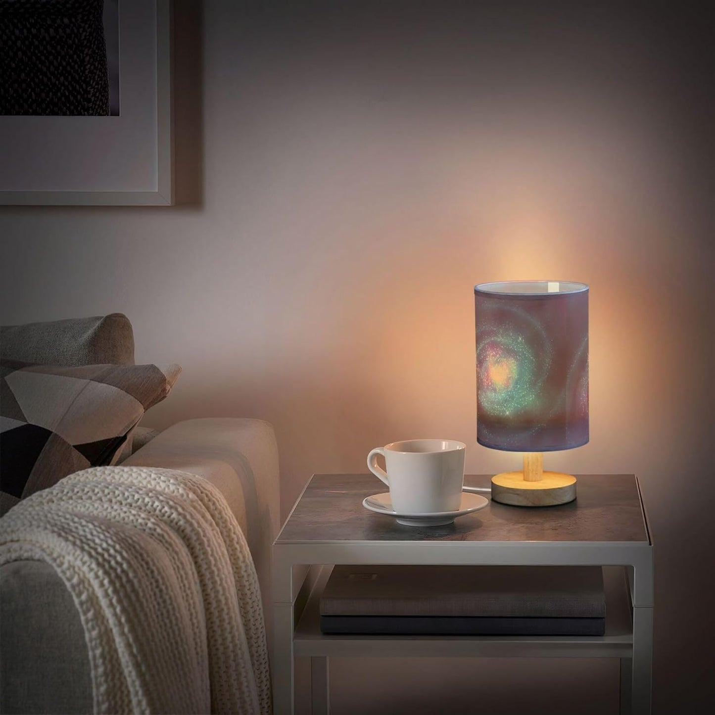 Spiral Galaxy Nebula Starry Night Sky Swirl Nightstand Desk Lamp with Wood Base Fabric Shade for Living Room Bedroom Kids Room Office