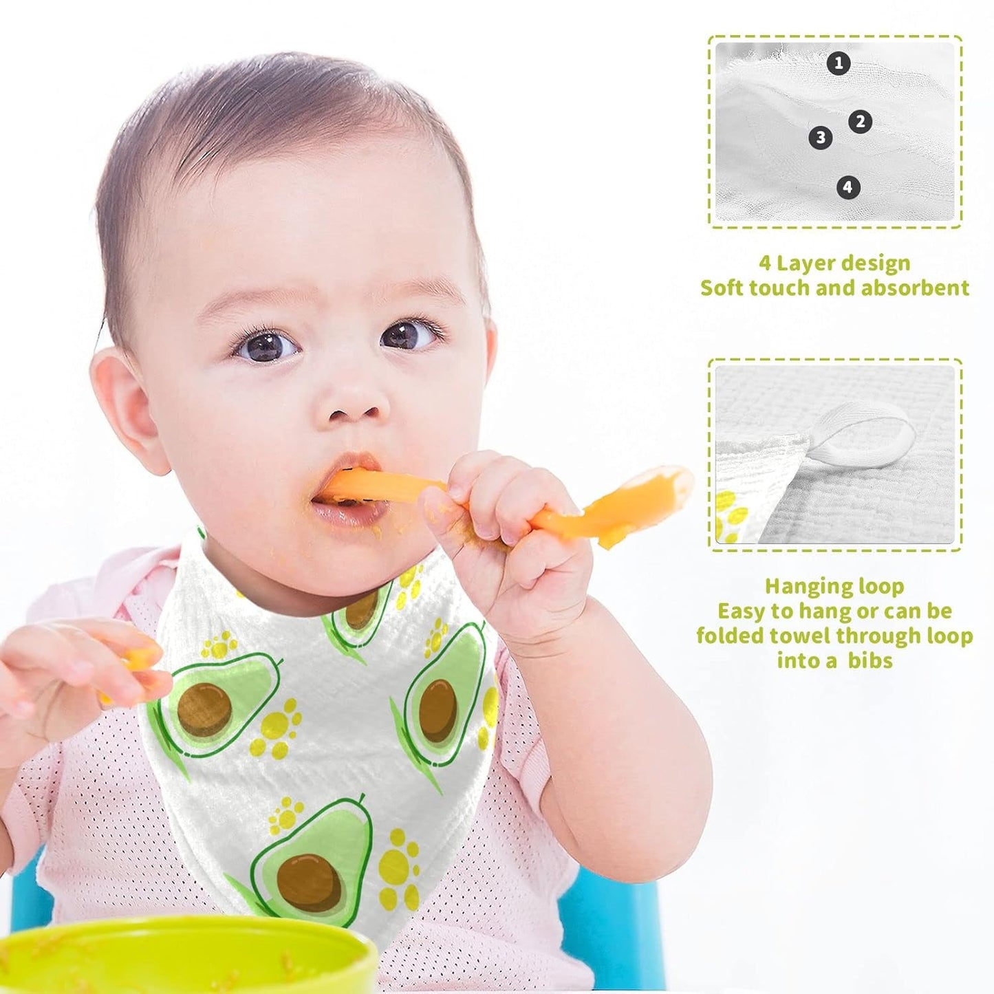 Fresh Green Avocado Baby Muslin Washcloths Paw Print Fruits Burp Cloths Soft Absorbent Baby Wash Cloth Fingertip Face Towels for Newborn Boys Girls 12 x 12 in, 5 Pack