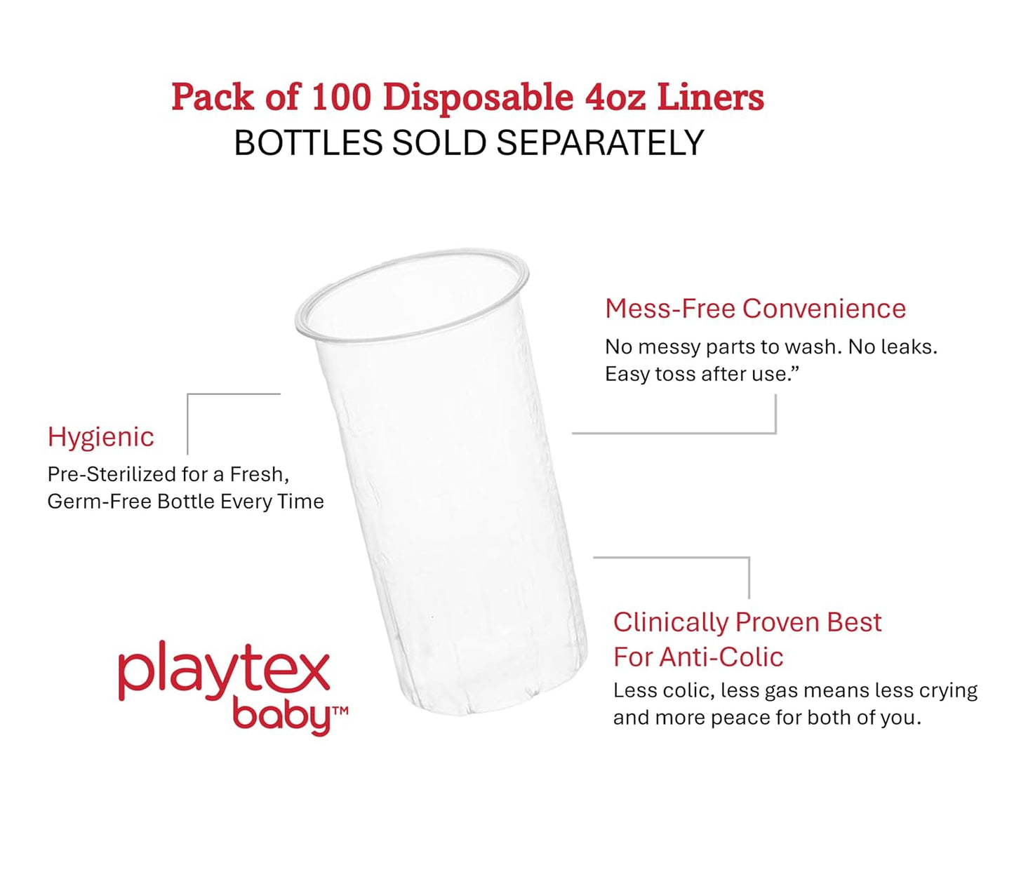 Playtex Baby Nurser Pre-Sterilized Disposable Drop-Ins Baby Bottle Liners, 4 Oz (100 Count), Anti-Colic, Gas Reduction, Easy to Clean, Closer to Breastfeeding, Perfect for Travel and On The Go