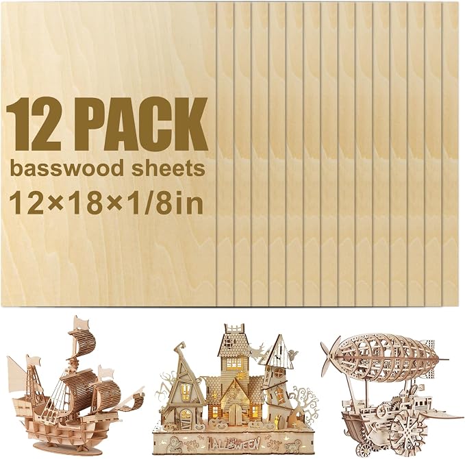 12 Pack Basswood Sheets 12x18x1/8 Inch, Balsa Wood Sheet, 3mm Plywood