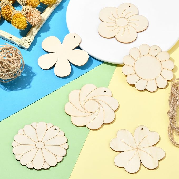 30 Pcs Unfinished Wood Flower Cutouts Wooden Flower Wood Crafts