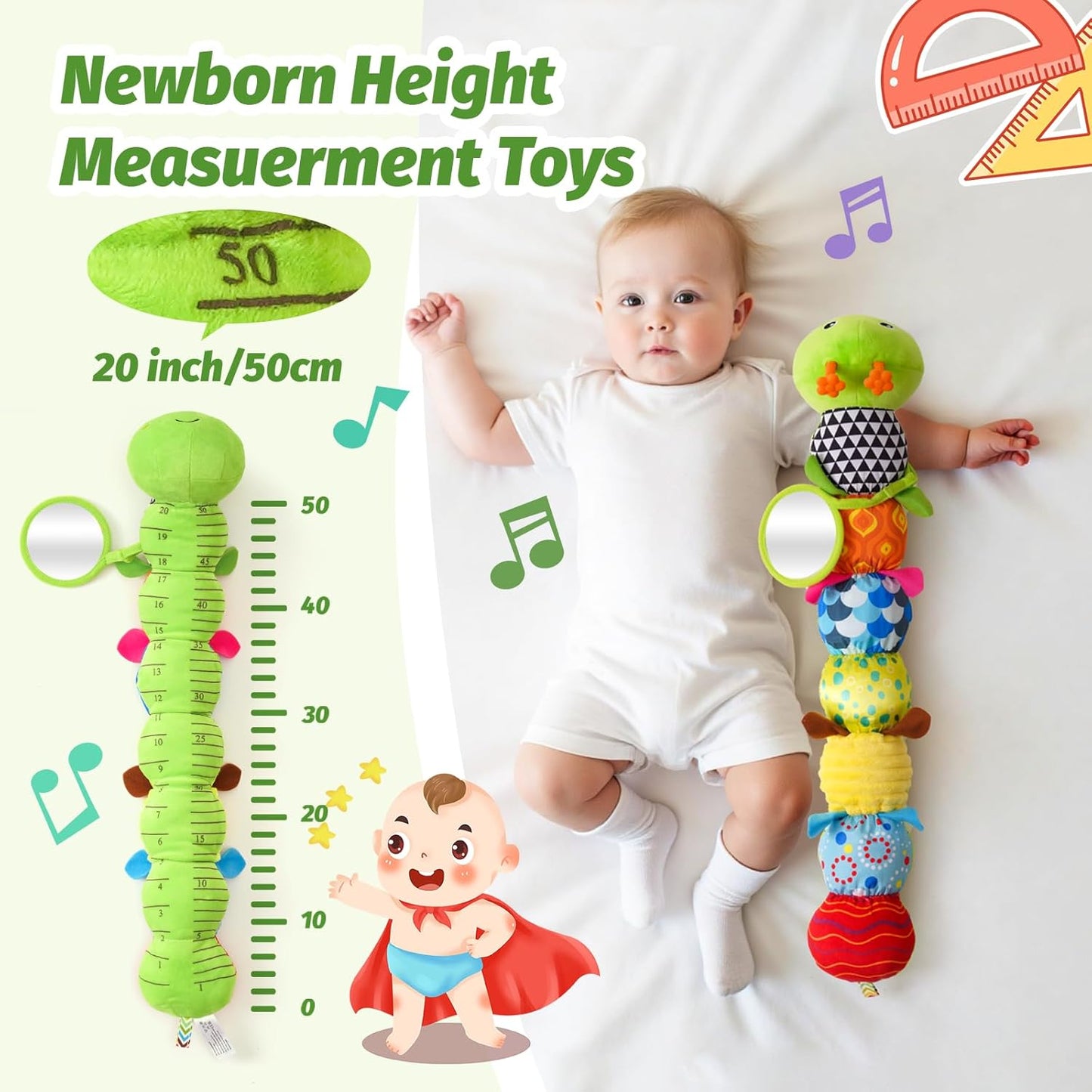 Baby Toys 0-6 Month, Musical Caterpillar Baby Rattle, Plush Sensory Toy with Mirror, Crinkle Textures, Newborn Developmental Tummy Time Stuffed Animal for Infants Boys Girls 6-12 Months (Green)