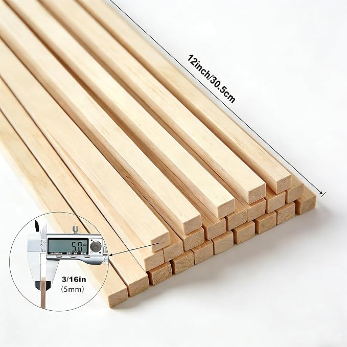 50PCS Square Wooden Dowels, 3/16" X 3/16" X 12"Square Dowels | Beautifully