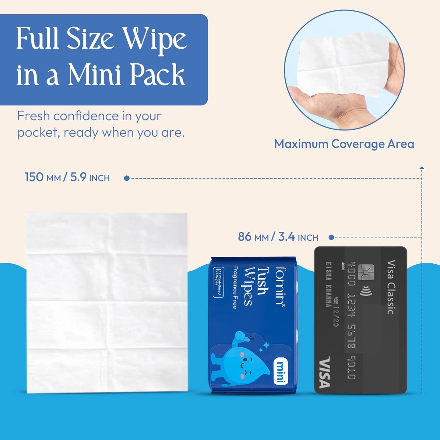Fomin Mini Flushable Tush Wipes 16 Pack (10 Count) - Fragrance Free Travel Wet Wipes for Women - pH Balanced, Biodegradable Cleansing Wipes - Hypoallergenic, Plant-Based Tush wipes for Adults and Kids