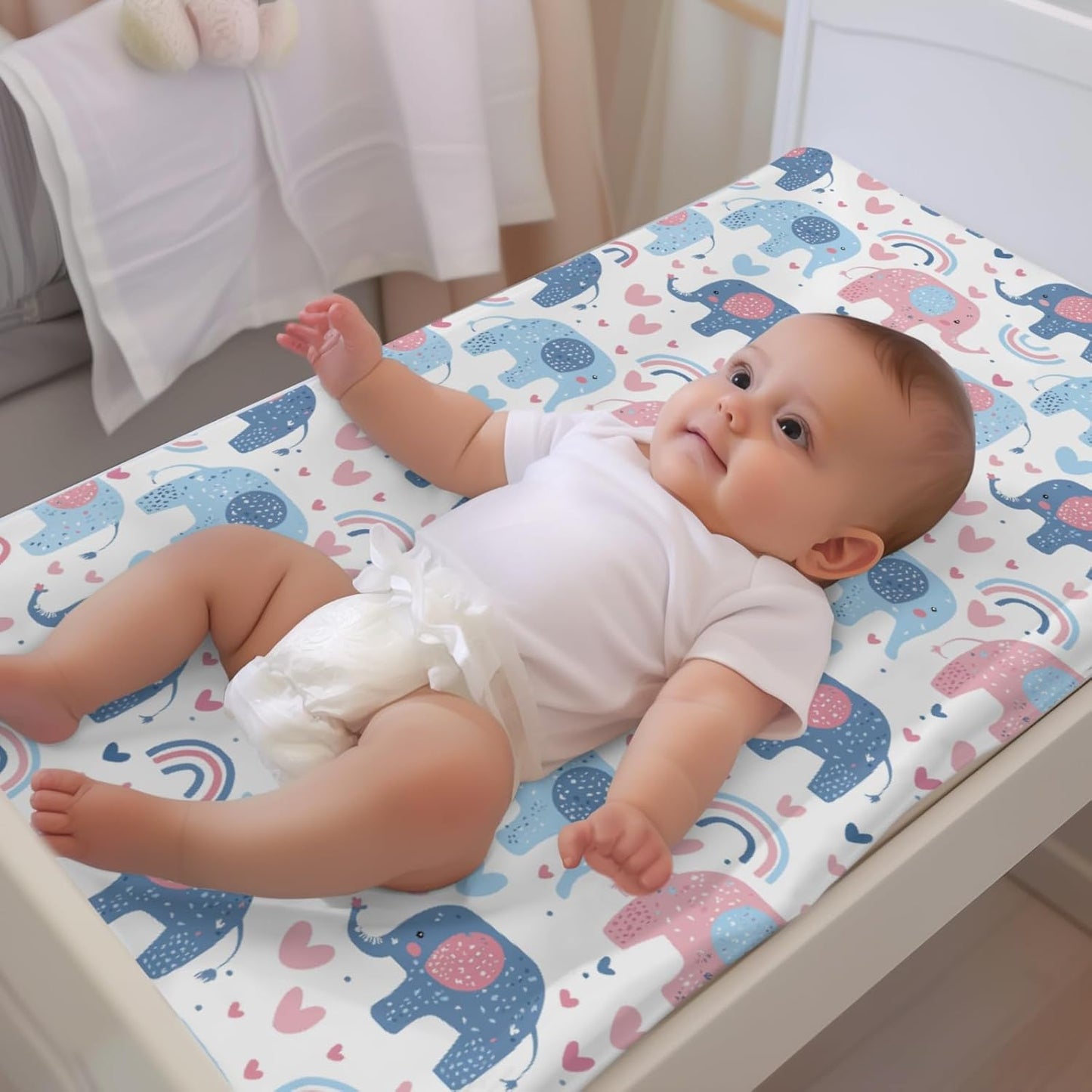 Soft 2 Pack Cartoon Elephant Rainbow Pattern Baby Changing Pad Covers for Infant Newborn, Unisex African Safari Animals Nursery Fitted Diaper Changing Table Pad Mat Sheets for Boys Girls-16x32