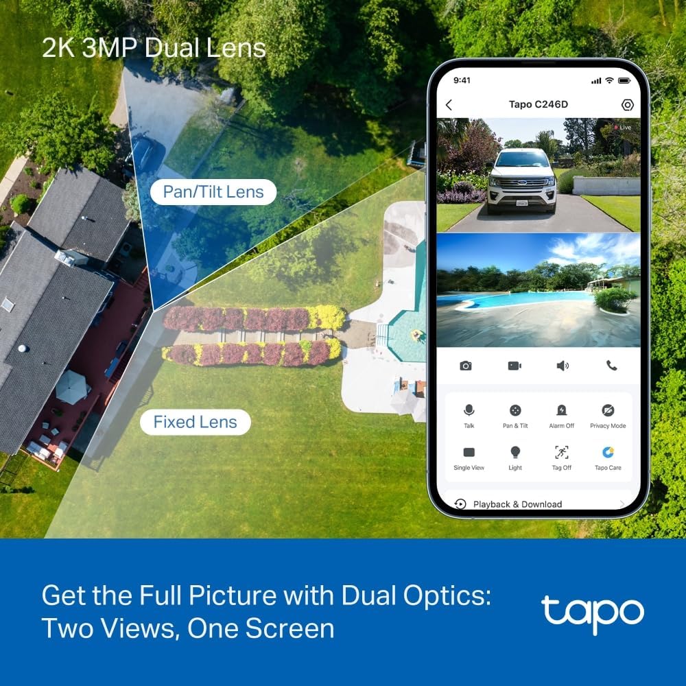 Tapo 2K 3MP Indoor/Outdoor Dual Lens Pan/Tilt Security Camera – 125° Wide-Angle + 6mm Telephoto, Free Person/Vehicle Detection, 360° View, SD/Cloud, Works w/Alexa & Google Home – HybridCam Duo