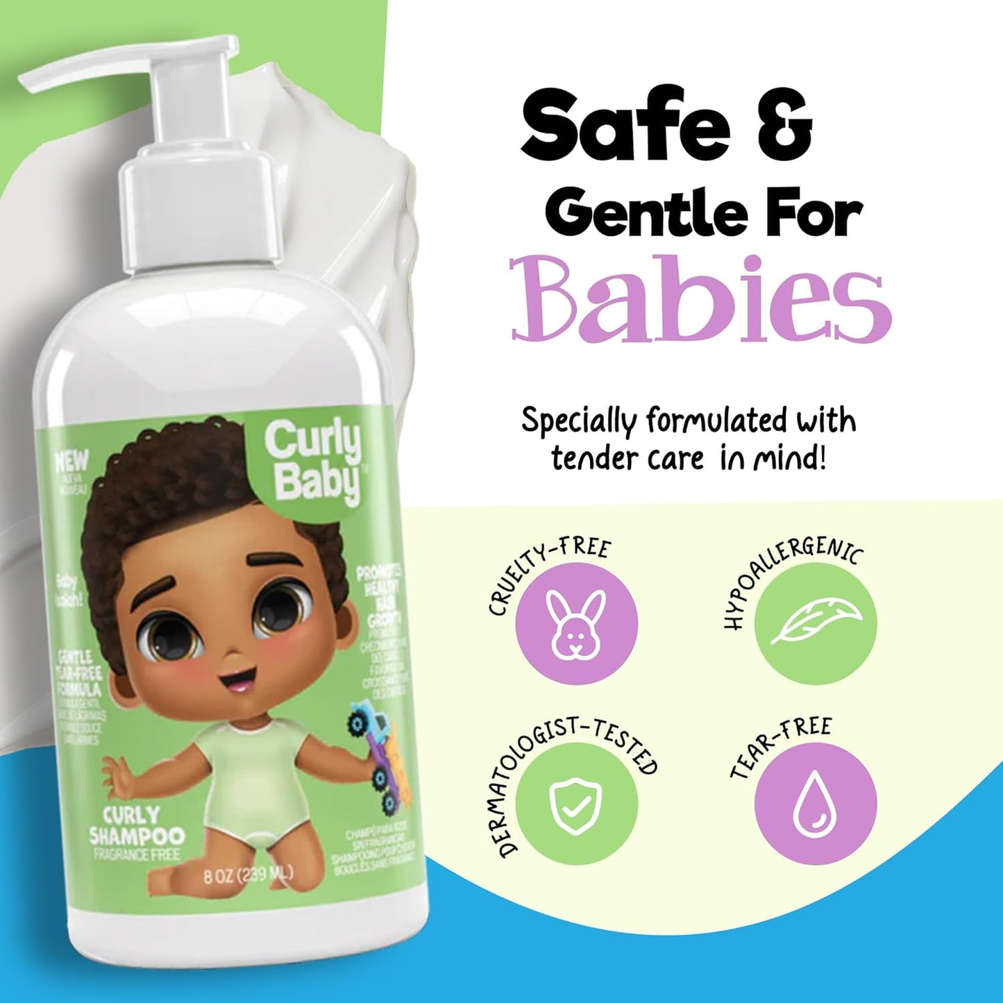 Curly Shampoo - Tear-Free, Fragrance-Free, Dermatologist-Tested, Hypoallergenic Kids Shampoo for Curly, Kinky, Coily Hair - Gentle Cleanse, Moisturizing, Promotes Healthy Hair Growth - 8oz