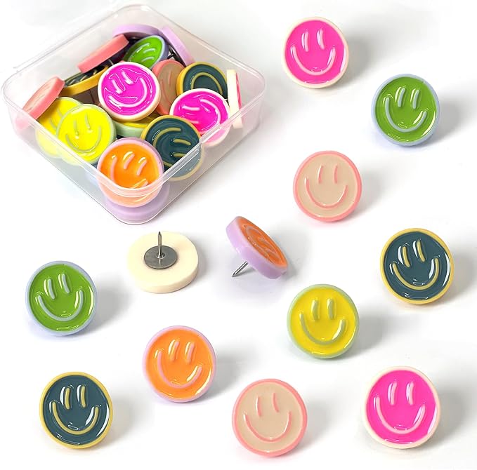 24 Smiley Face Decorative Push Pins, Cute Bulletin Board Push Pins, Thumbtacks