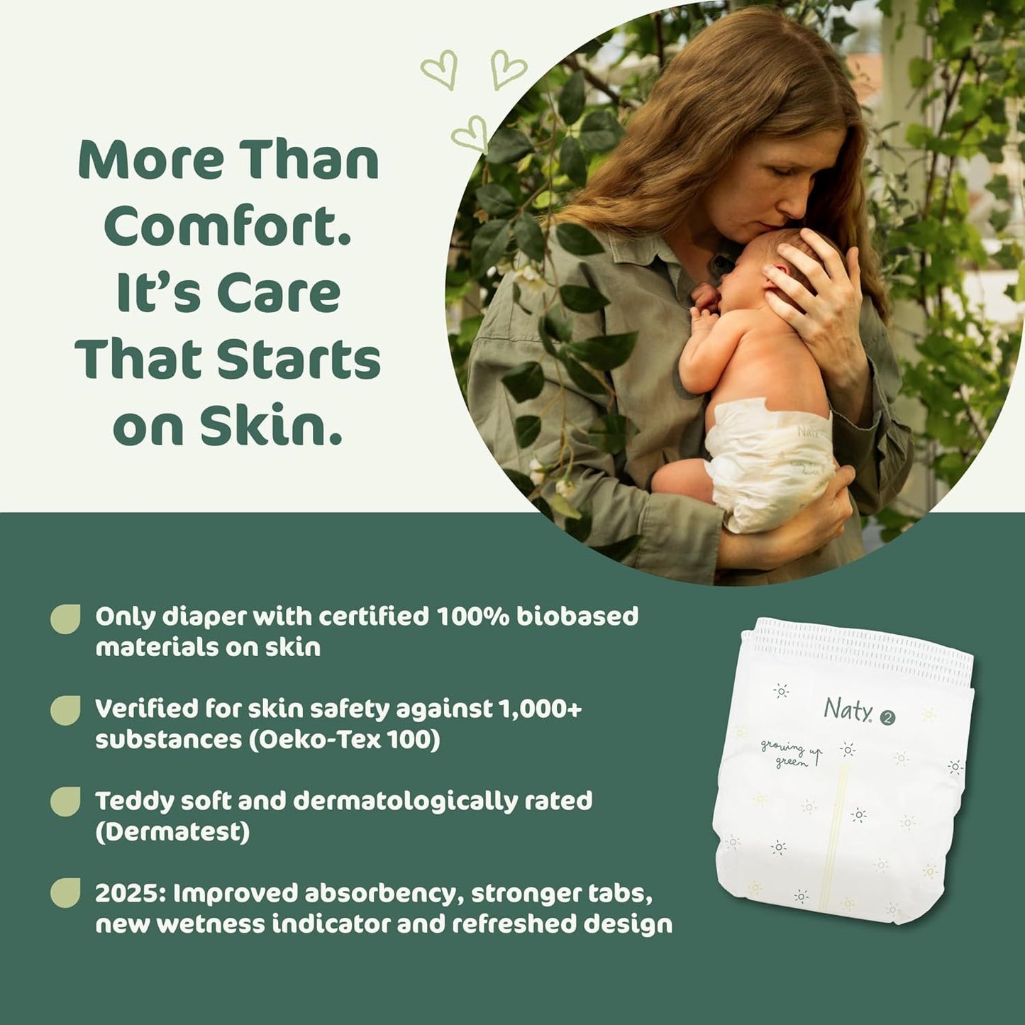 Naty BioEmbrace Baby Newborn Diapers Size 2 (6–13 lbs) | 100% Biobased on Skin | Plant-Based Softness | Dermatologically Tested, Super Absorbent | 33 Count