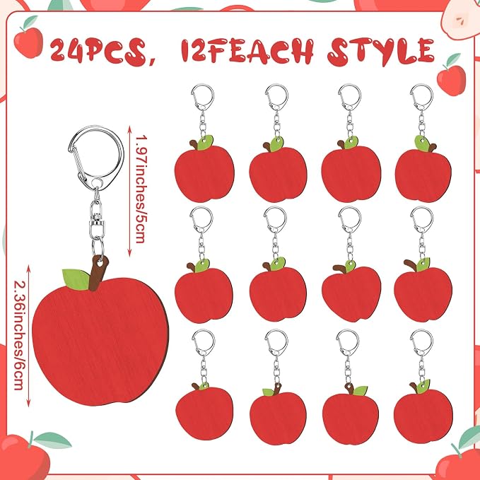 RattanView 24 Pcs Apple Craft Color Your Own Keychains DIY Craft Wooden Blank
