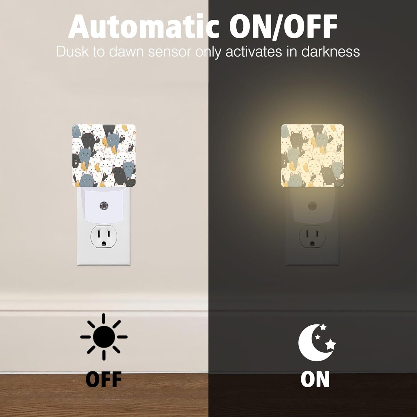 Cat Night Light Cartoon Cat Plug in Night Lights LED Lamp with Dusk to Dawn Sensor Auto Energy Saving Square Lights for Bedroom Bathroom Hallway Home Wall Decor Nightlight