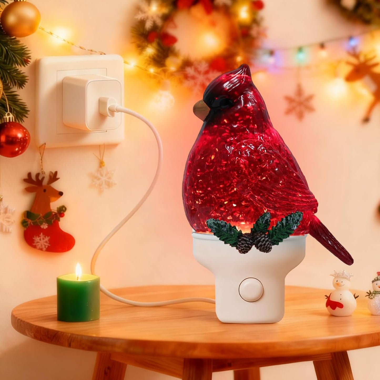 Christmas Cardinal Night Light Plug into Wall Swirling Glitter USB Portable Christmas Decorative Night Light Decoration for Kids Adults Bedroom Kitchen Living Room Holiday Decor (Cardinal)