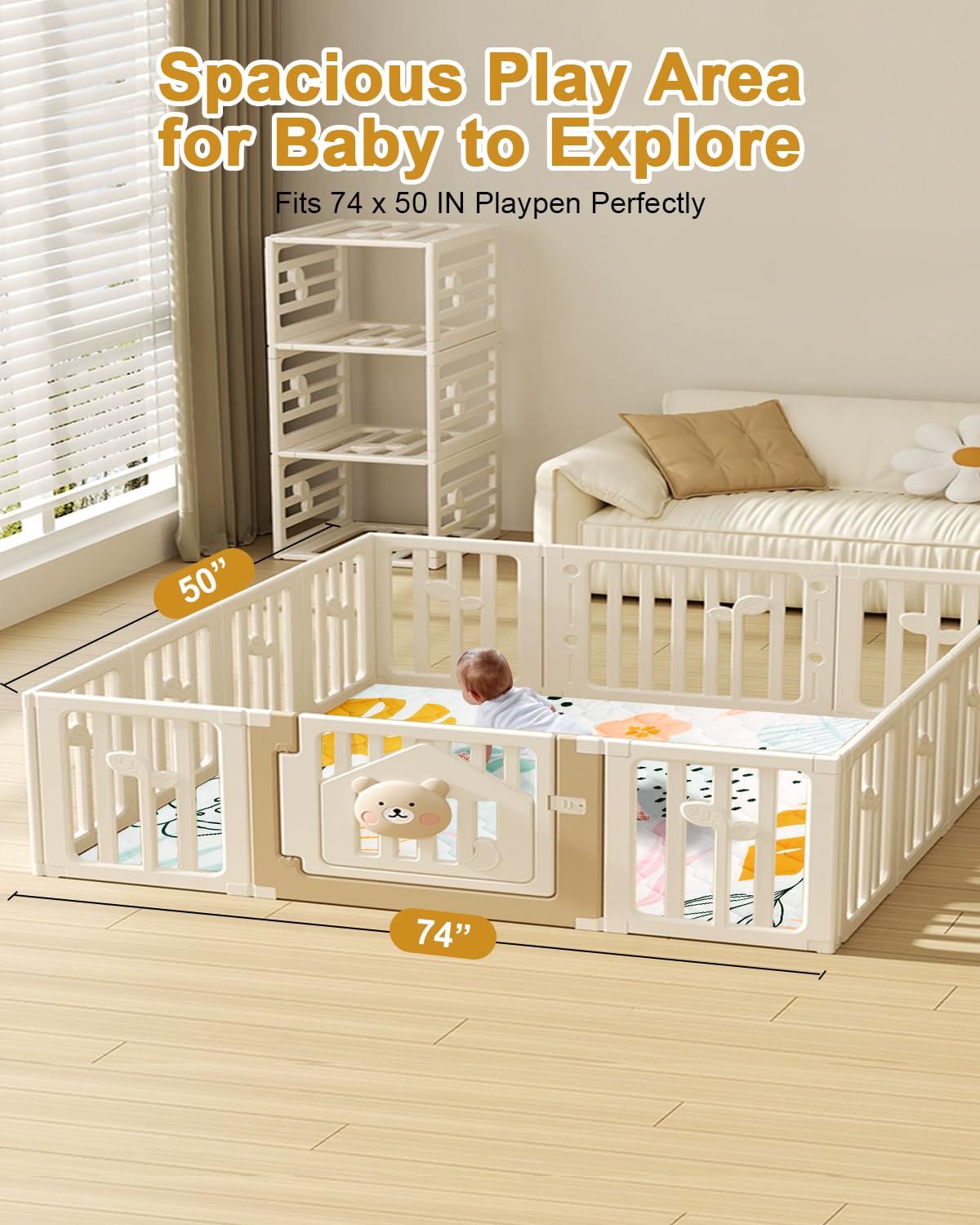 Premium Foam Baby Play Mat 74x50 – Removable & Machine Washable Cover, Extra Thick Padding Playpen Mat, Non-Slip Crawling Mat, Easy to Clean for Infants, Toddlers & Babies