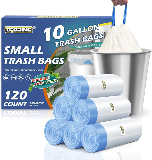 10 Gallon Trash Bags with Drawstring - 120 Count Heavy Duty 1.2 Mil Garbage Bags 38 Liter Unscented White Kitchen Bin Liners for Home & Office