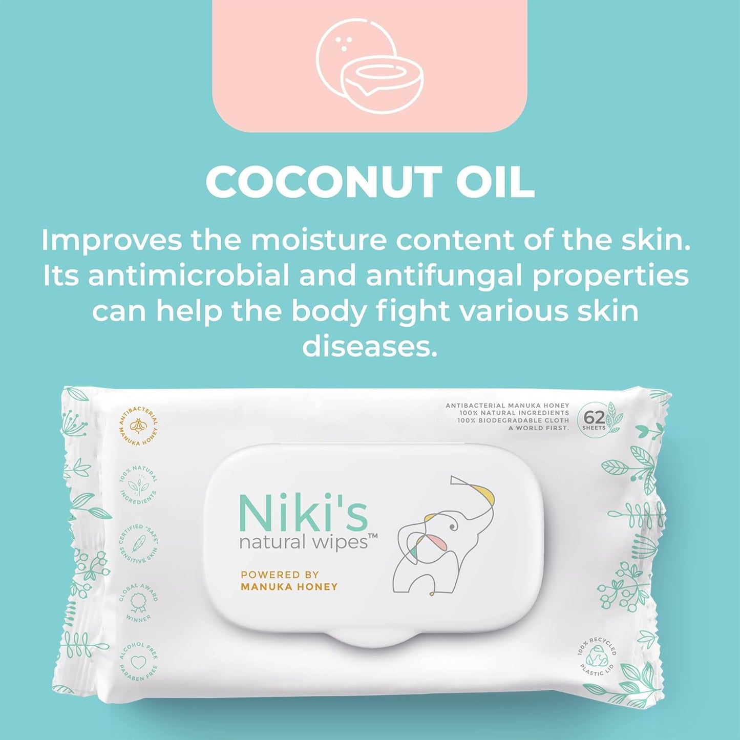 Niki's Natural Baby Wipes | Sensitive Organic Baby Wipes | Made with Manuka Honey and Coconut Oil, No Added Scents | EWG Verified | 248 Wipes (4 Pack x 62 Count Wipes)