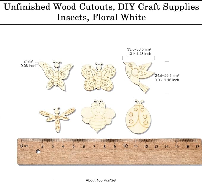 200 Pcs Unfinished Wooden Cutouts Insect Butterfly Bird Shapes Wooden Craft
