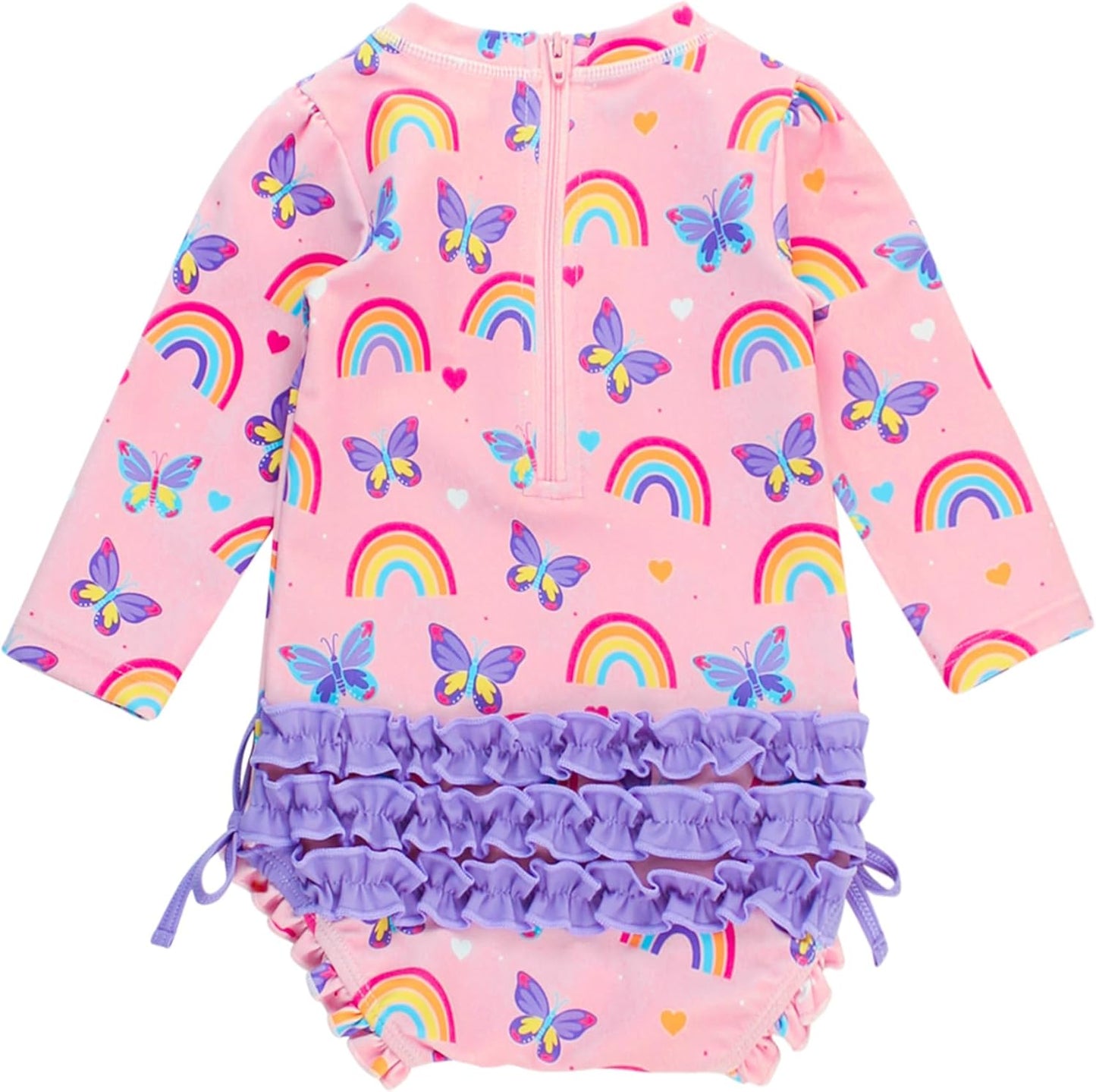 RuffleButts Baby Girls UPF 50+ Sun Protection Novelty Print Long Sleeve One Piece Rash Guard Swimsuit with Zipper