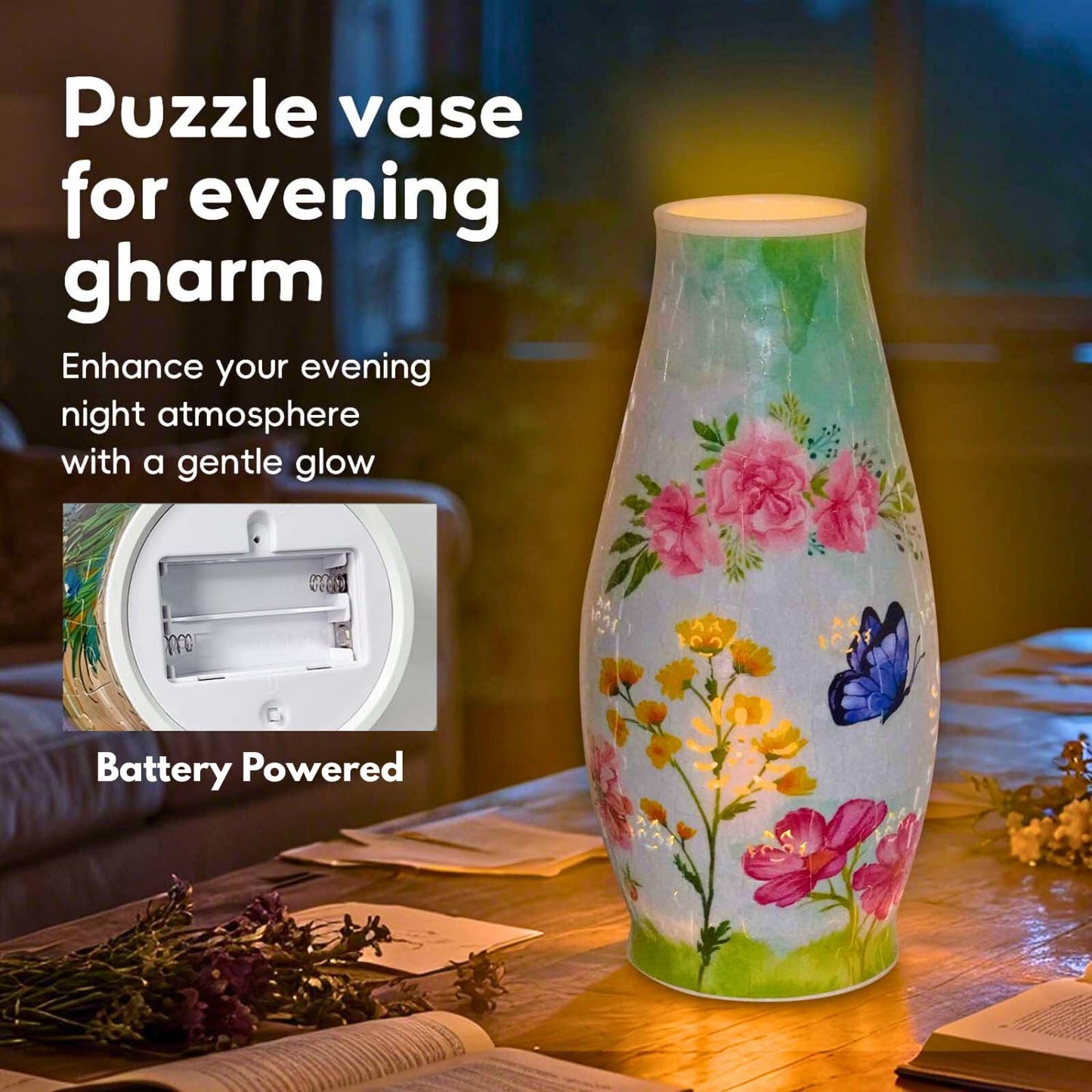 3D Puzzle Vase for Adults, 3D Puzzle Vases for Flowers, 152 Pcs 3D Puzzles Art Vase for Kids Ages 8-13, Cute Unique Flower Vases Decoration with Night Light, Crafts for Adults(Butterfly)