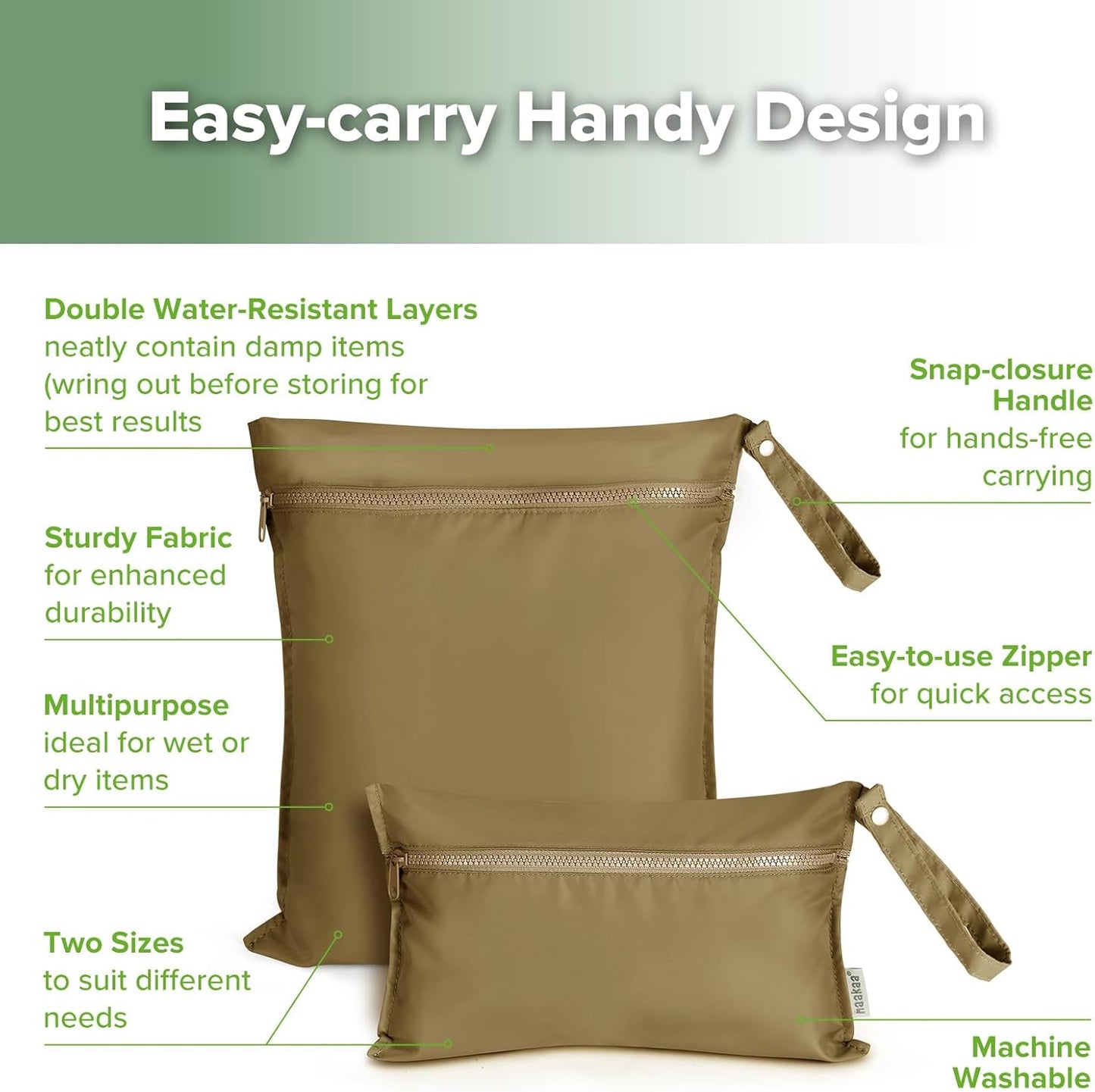 haakaa Waterproof Wet Bags for Baby Wet Dry Bags for Cloth Diaper, Swimsuit & Travel, 2pcs, Brown