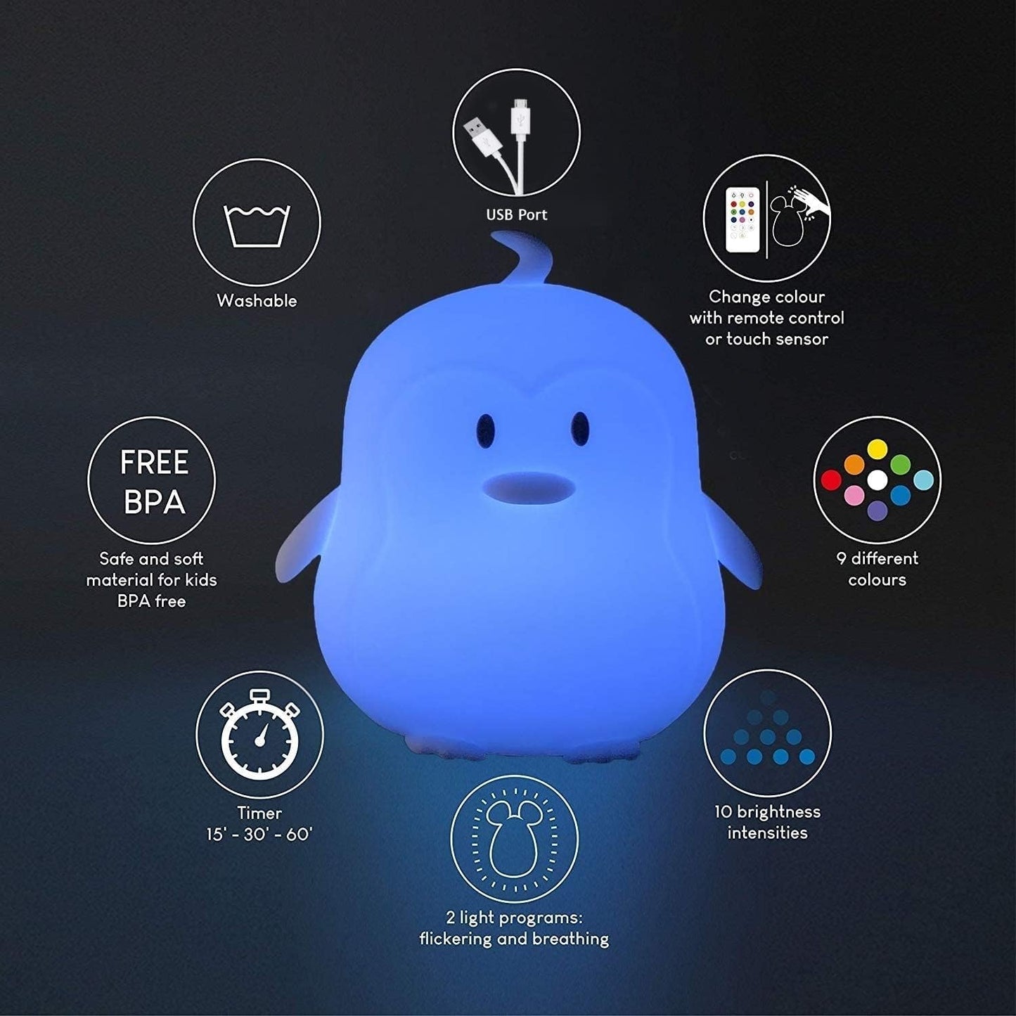 Penguin Night Light for Kids Silicone Sleep NightLights, 9 Colors Baby Light Bedside Lamp Bed Room Children Decorative Lamps for Toddlers/Boys/Girls/Adults/Bedroom/Bathroom/Outdoor - Medium