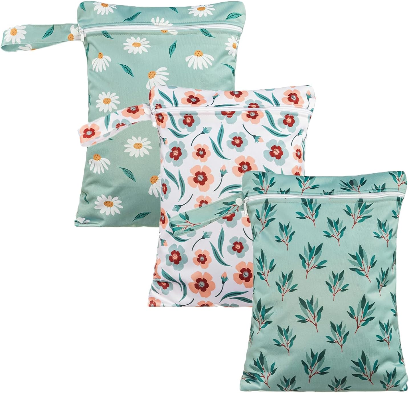 Happy Flute 3 Set Wet Bag Storage Bag Zipper Waterproof Washable Travel Bags, Beach, Pool, Gym Bag for Cloth Diaper, Swimsuits & Wet Clothes for Baby,11.8x15.7inch (Daisy)