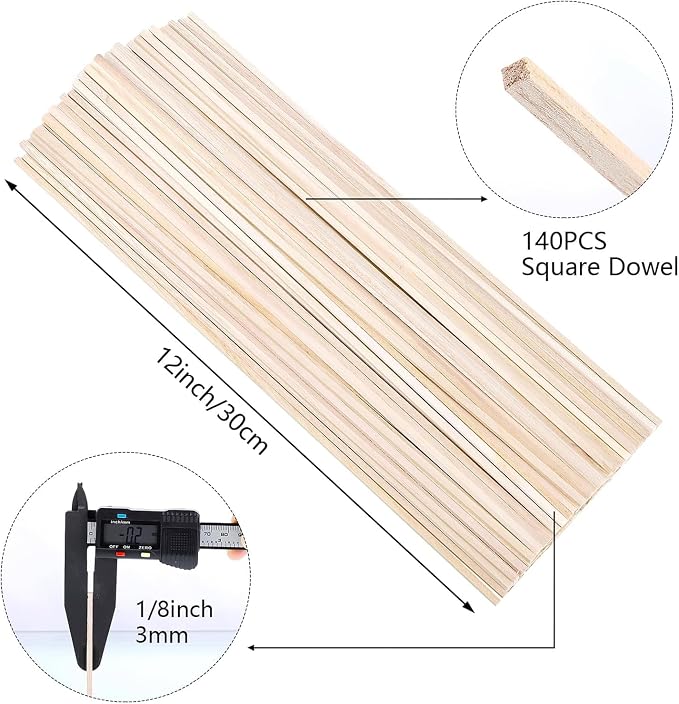140 Pcs Balsa Wood Sticks, 1/8 X 1/8 X 12 in Square Dowel Rods | Smooth