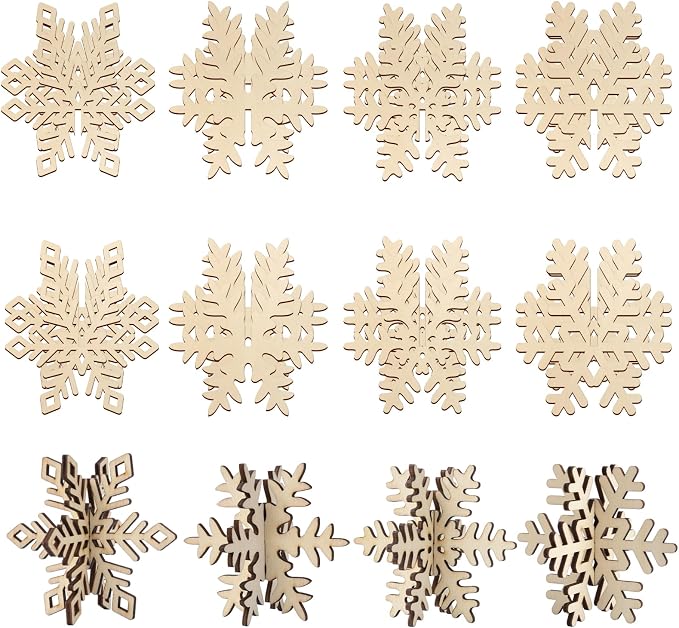 COCHIE DIY 3D Snowflake Wood Crafts to Paint, Paintable Unfinished Wooden Slices