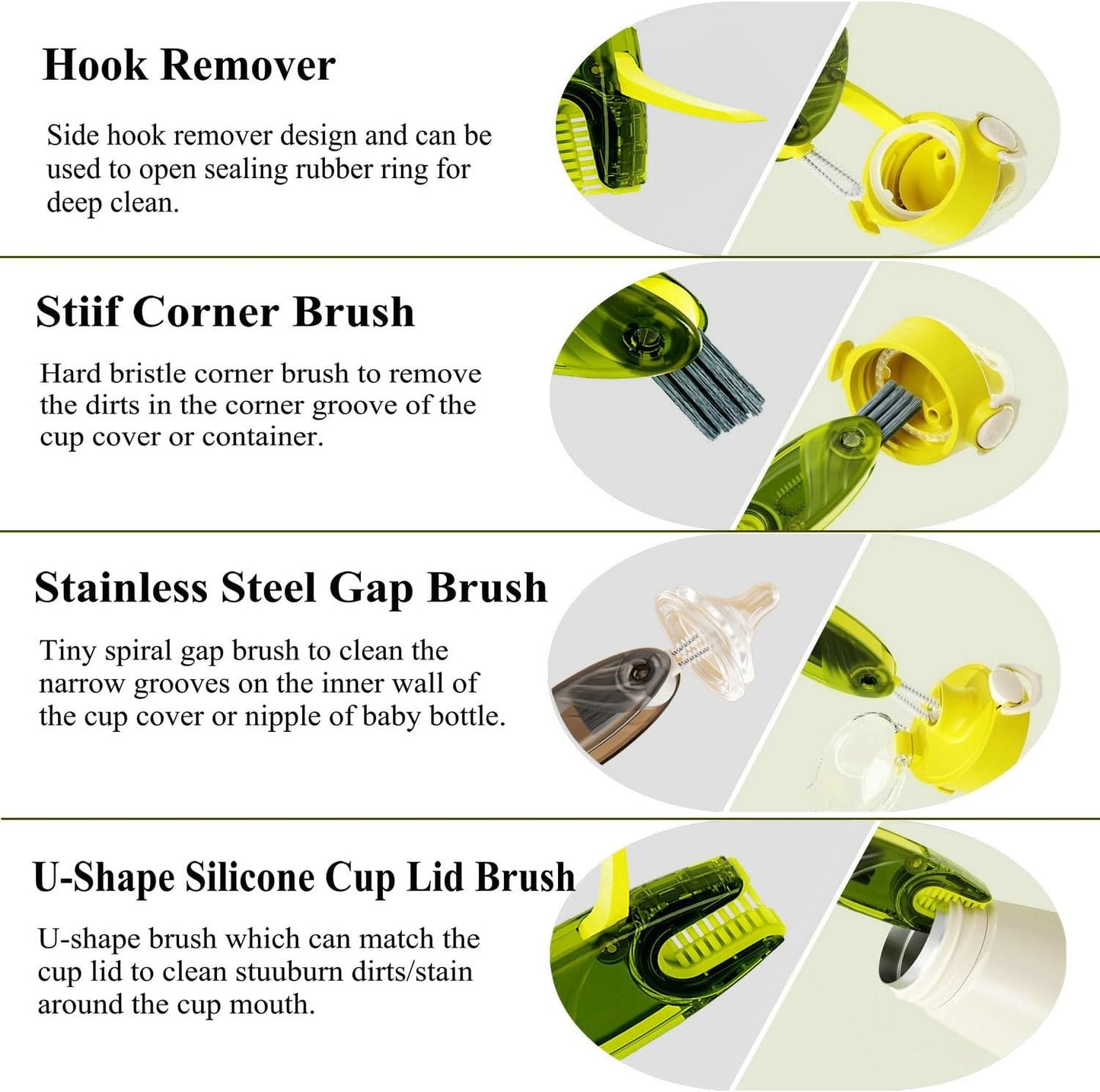 4 in 1 Cup Lid Cleaning Brush Set Multifunctional Bottle Brush Cleaner Tiny Bottle Cup Lid Brush Straw Cleaner Tools Mini Silicone Bottle Cup-Holder Cleaner with Hook Remover Green+Grey