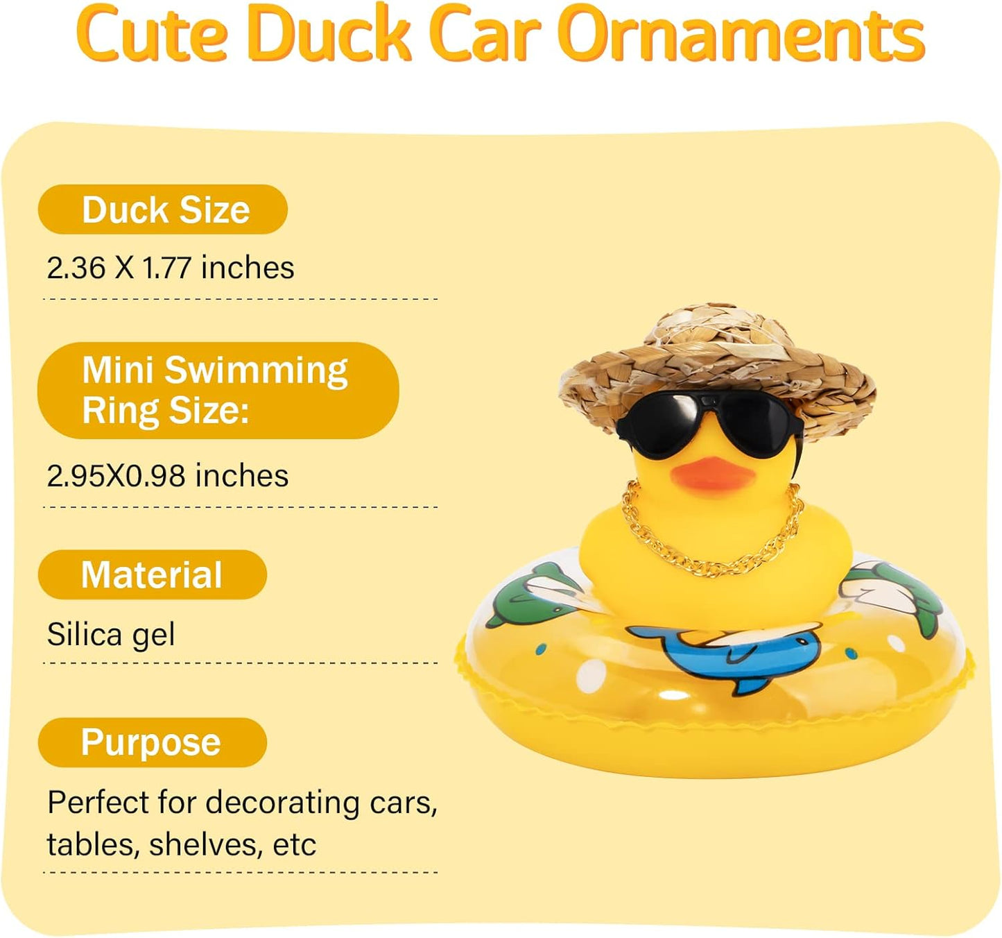 wonuu Car Rubber Duck, Yellow Duck Decoration Dashboard with Sun Hat Swim Ring Necklace Sunglasses for Car Dashboard Decorations
