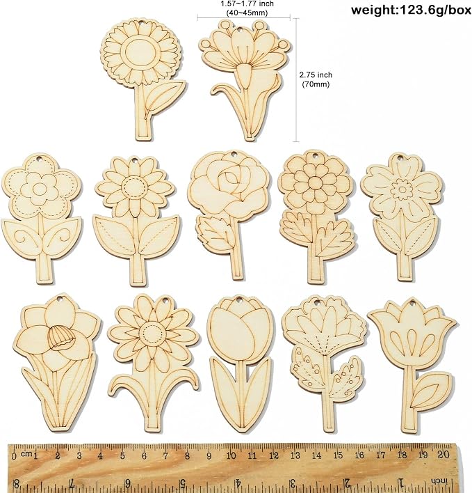 48 Pcs Unfinished Wood Flower Cutouts