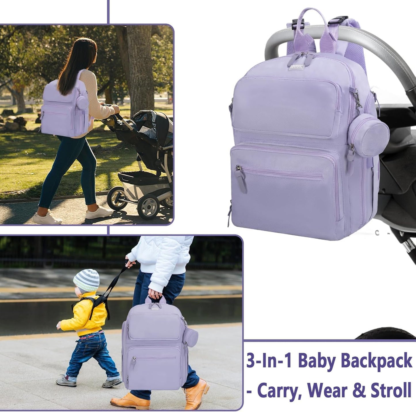 Diaper Bag Large Capacity Diaper Backpack Multi-Function Baby Diaper Bag For Dad And Mom With Insulated Pockets, Stroller Straps, Purple