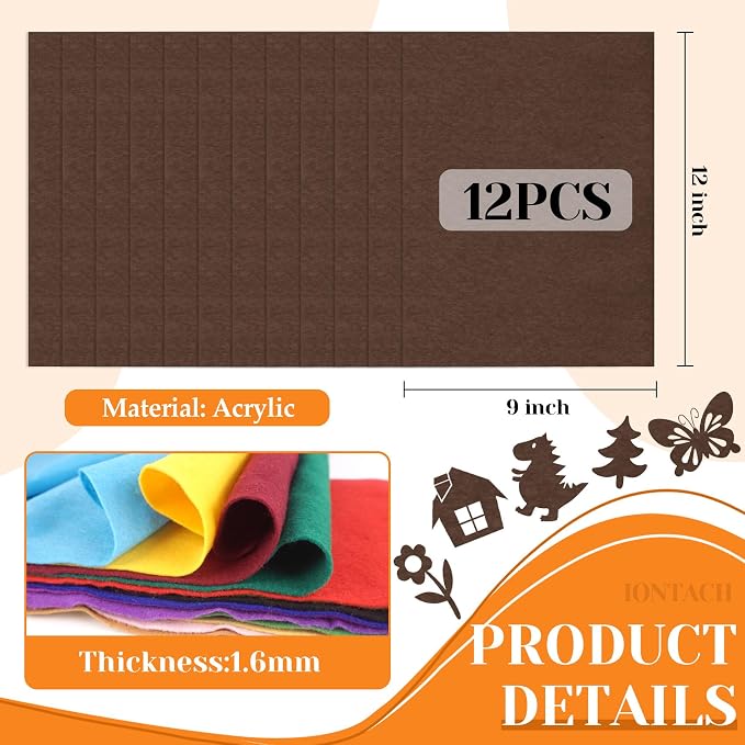 IONTACH 9" X 12" Felt Fabric Sheets 1.6mm Thick | Soft Felt