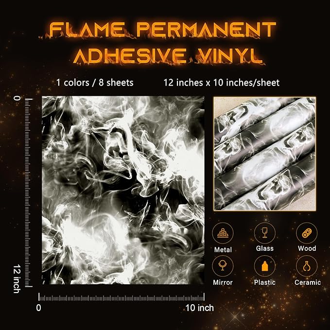 Tintnut Flame Pattern Permanent Vinyl 8 Sheets 12x10in White Adhesive Vinyl |
