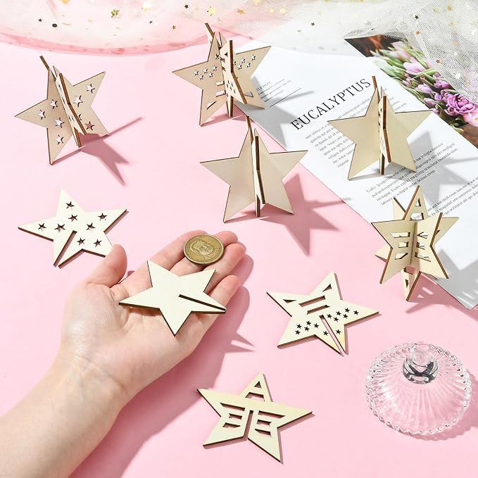20 pcs 4 Styles Lovely Star Theme Unfinished Wood Cutout Charms 4th of July