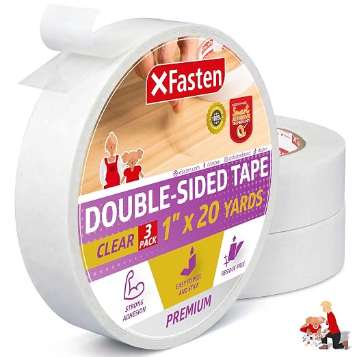XFasten Double Sided Tape Clear, 1-Inch by 20-Yards, Holding Carpets, and